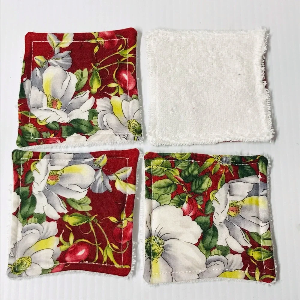 Reusable Set of Four 3.25” Flowers Cotton And Terry Cloth Makeup Removers